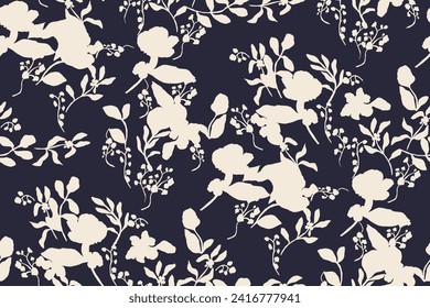 Simple monochrome two-color seamless pattern with flowers silhouette.