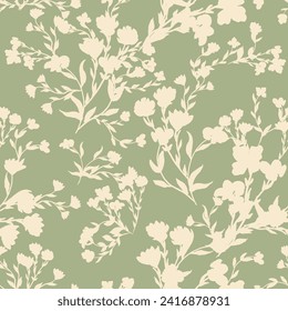 Simple monochrome two-color seamless pattern with flowers silhouette.