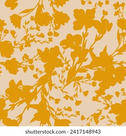 Simple monochrome two-color seamless pattern with flowers silhouette.