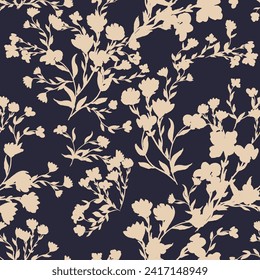 Simple monochrome two-color seamless pattern with flowers silhouette.