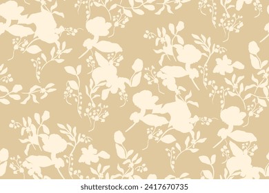 Simple monochrome two-color seamless pattern with flowers silhouette.