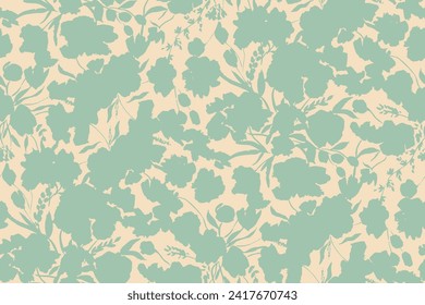 Simple monochrome two-color seamless pattern with flowers silhouette.