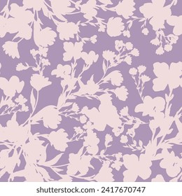 Simple monochrome two-color seamless pattern with flowers silhouette.