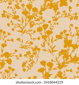 Simple monochrome two-color seamless pattern with flowers silhouette.