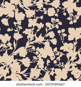 Simple monochrome two-color seamless pattern with flowers silhouette.