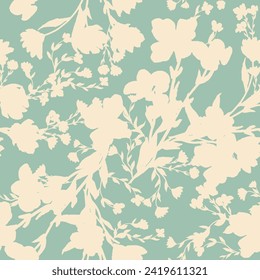 Simple monochrome two-color seamless pattern with flowers silhouette.