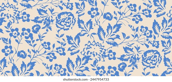 Simple monochrome two-color seamless pattern with flowers silhouette.