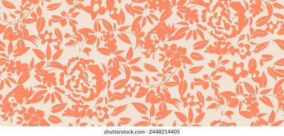 Simple monochrome two-color seamless pattern with flowers silhouette.