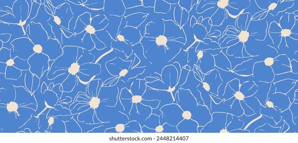 Simple monochrome two-color seamless pattern with flowers silhouette.