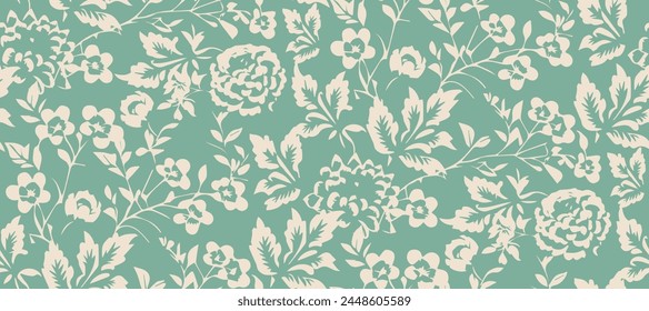 Simple monochrome two-color seamless pattern with flowers silhouette.