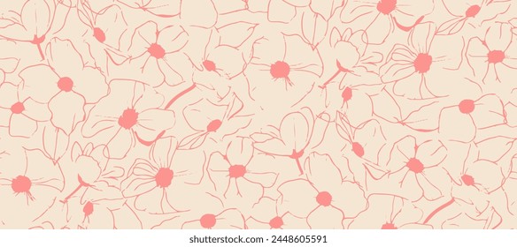 Simple monochrome two-color seamless pattern with flowers silhouette.