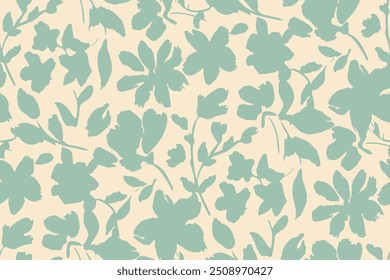 Simple monochrome two-color seamless pattern with flowers silhouette.