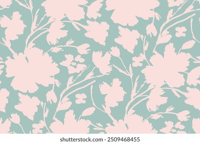 Simple monochrome two-color seamless pattern with flowers silhouette.