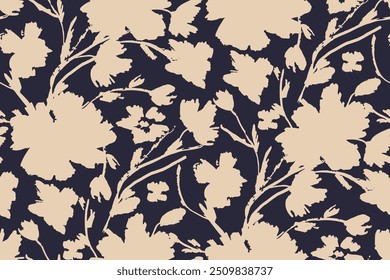 Simple monochrome two-color seamless pattern with flowers silhouette.