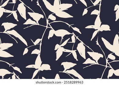 Simple monochrome two-color seamless pattern with flowers silhouette.