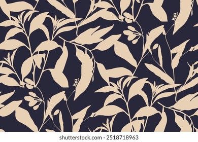 Simple monochrome two-color seamless pattern with flowers silhouette.