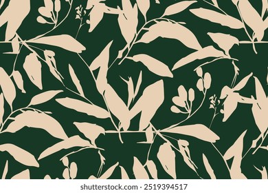 Simple monochrome two-color seamless pattern with flowers silhouette.
