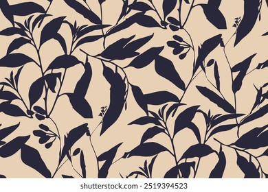 Simple monochrome two-color seamless pattern with flowers silhouette.