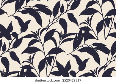 Simple monochrome two-color seamless pattern with flowers silhouette.