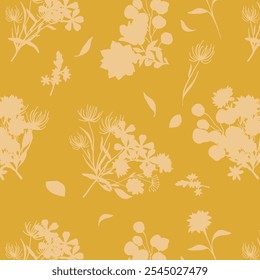 Simple monochrome two-color seamless pattern with flowers silhouette.