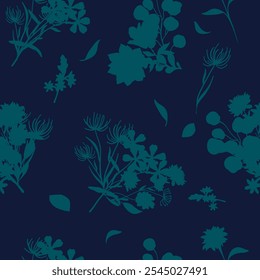 Padrão simples monocromático de duas cores sem costura com silhueta de flores.