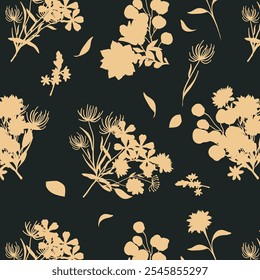 Simple monochrome two-color seamless pattern with flowers silhouette.