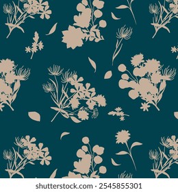 Simple monochrome two-color seamless pattern with flowers silhouette.