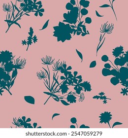 Padrão simples monocromático de duas cores sem costura com silhueta de flores.