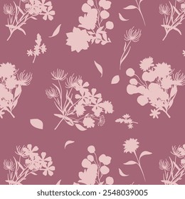 Simple monochrome two-color seamless pattern with flowers silhouette.