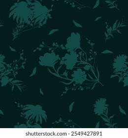 Simple monochrome two-color seamless pattern with flowers silhouette.