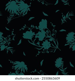 Simple monochrome two-color seamless pattern with flowers silhouette.