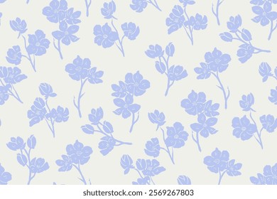 Simple monochrome two-color seamless pattern with flowers silhouette.