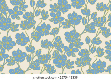 Simple monochrome two-color seamless pattern with flowers silhouette.