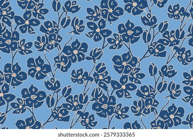 Simple monochrome two-color seamless pattern with flowers silhouette.