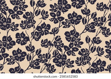 Simple monochrome two-color seamless pattern with flowers silhouette.