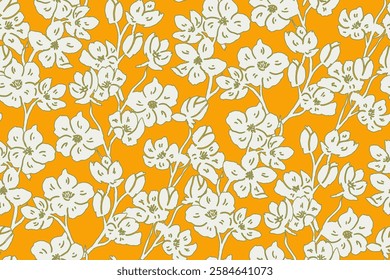 Simple monochrome two-color seamless pattern with flowers silhouette.