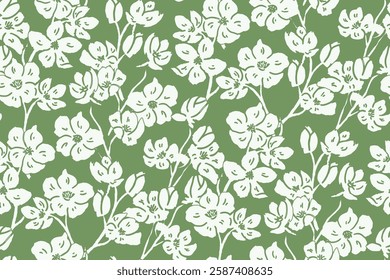 Simple monochrome two-color seamless pattern with flowers silhouette.