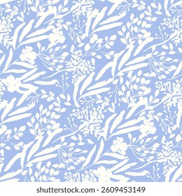 Simple monochrome two-color seamless pattern with flowers silhouette.
