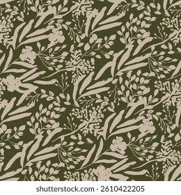 Simple monochrome two-color seamless pattern with flowers silhouette.
