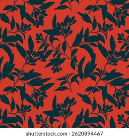 Simple monochrome two-color seamless pattern with flowers silhouette.