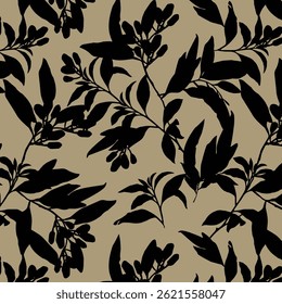 Simple monochrome two-color seamless pattern with flowers silhouette.