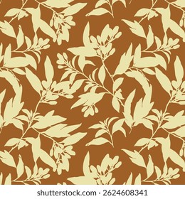 Simple monochrome two-color seamless pattern with flowers silhouette.