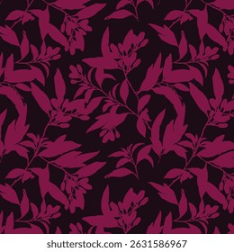 Simple monochrome two-color seamless pattern with flowers silhouette.

