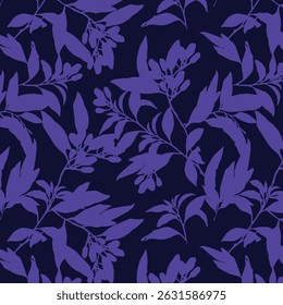 Simple monochrome two-color seamless pattern with flowers silhouette.
