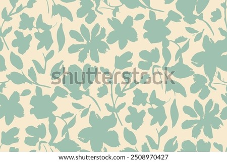 Simple monochrome two-color seamless pattern with flowers silhouette.