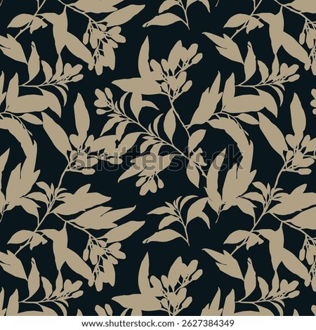 Simple monochrome two-color seamless pattern with flowers silhouette.
