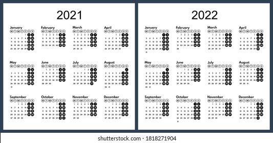 simple monochrome vector calendar 2021 2022, starts monday, two weekend, white background