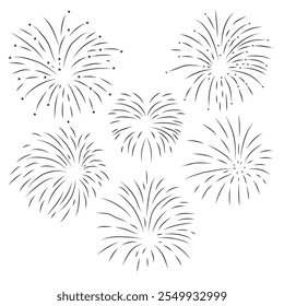 A simple monochrome vector design of New Year's fireworks, featuring clean bursts in a minimalist style