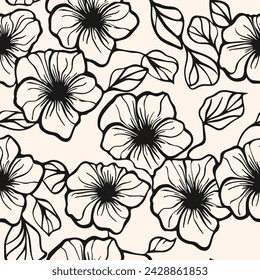 Simple monochrome vector floral seamless pattern. Elegant minimal black and white texture with outline flower silhouettes and leaves. Stylish ornamental botanical background. Repeated natural design