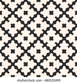 Simple monochrome vector geometric ornament, abstract seamless pattern with smooth floral shapes. Curved geometrical texture, black & white background, repeat tiles. Design for decor, fabric, textile